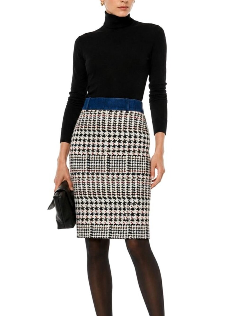 Akris Punto Houndstooth Jacquard Pencil Skirt Denim Trim Midi